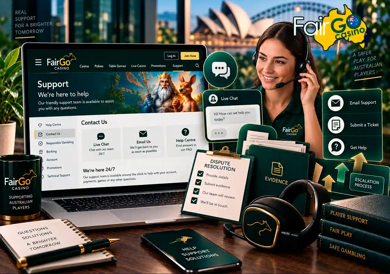 Fair Go Casino on laptop with headset, live chat, support ticket and dispute documents.