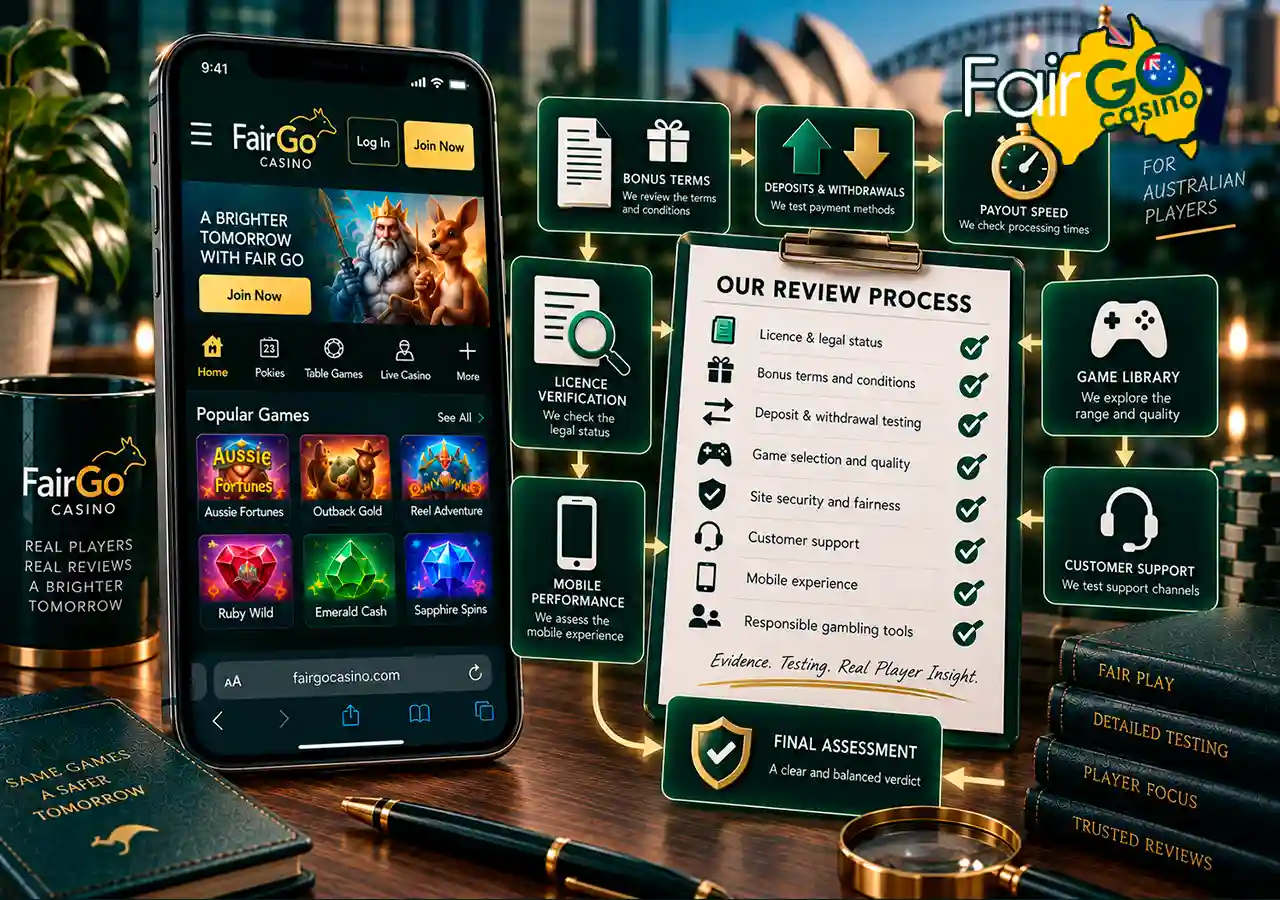 Fair Go Casino methodology on mobile with checklist, bonus, payouts, licence and support checks.