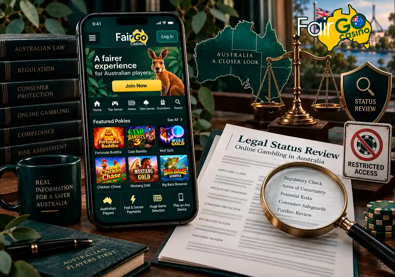 Mobile casino site with legal documents, scales and Australian compliance-check symbols.