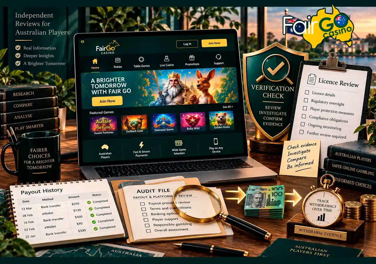 Fair Go Casino on laptop with licence file, verification shield, payout history and audit documents.