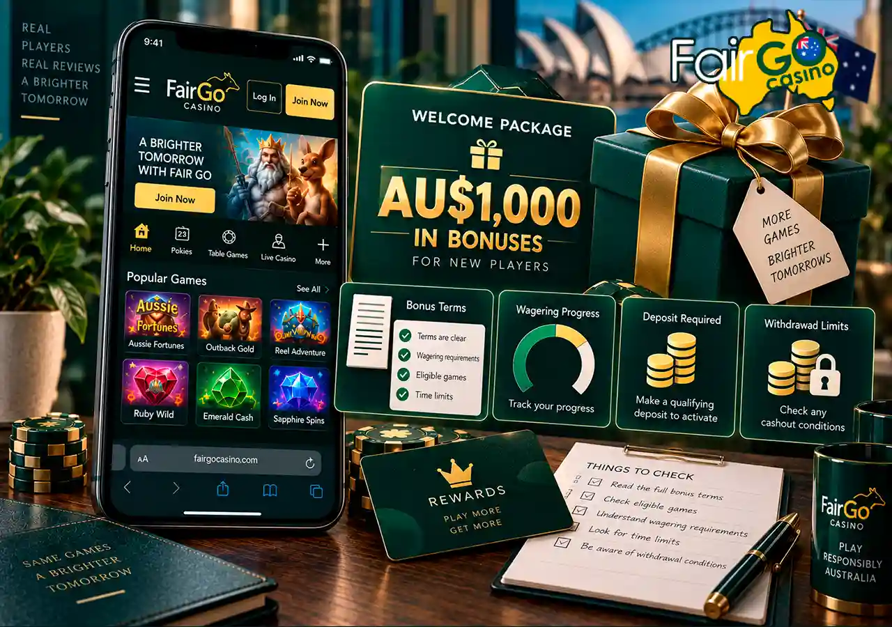 Bonus page on mobile with gift box, AU$1,000 package and wagering-terms document.