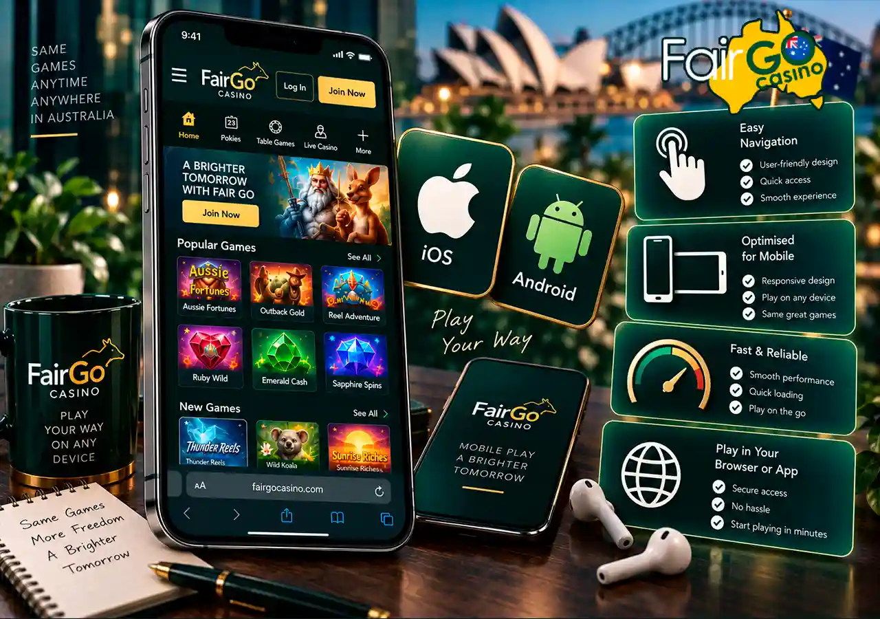 Mobile casino on smartphone with iOS, Android, navigation and performance indicators.